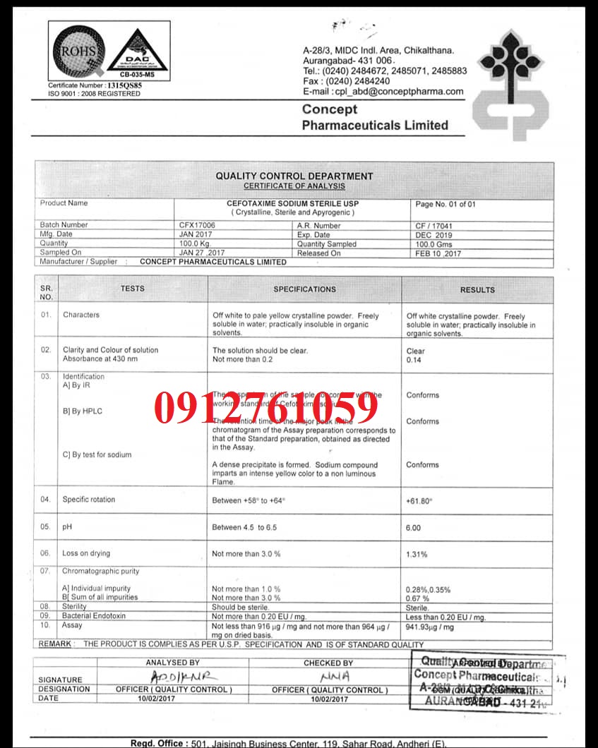 [10KG] Kháng sinh CEFOTAXIME SODIUM 98% - CONCEPT (Nhập khẩu Ấn Độ, nguyên đai, nguyên kiện)