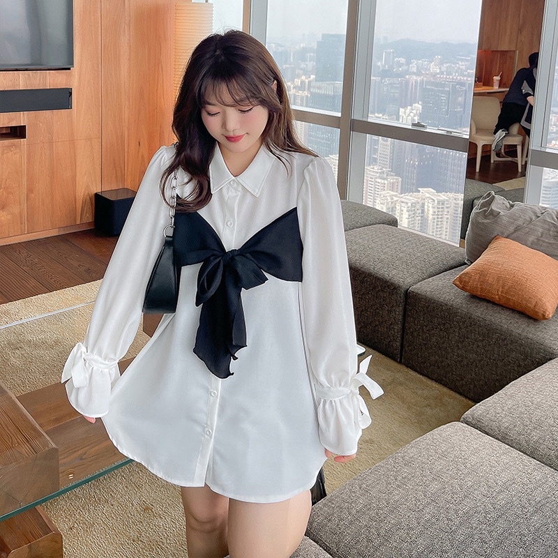 Áo sơ mi phối dây nơ mặc hai kiểu cột xinh smt1