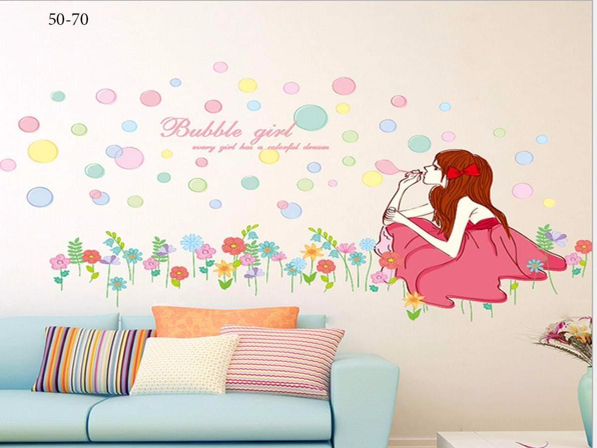 [HCM]DECAL TRANG TRÍ HOA HỒNG PHẤN VÀ CÔ GÁI THỔI BONG BÓNG