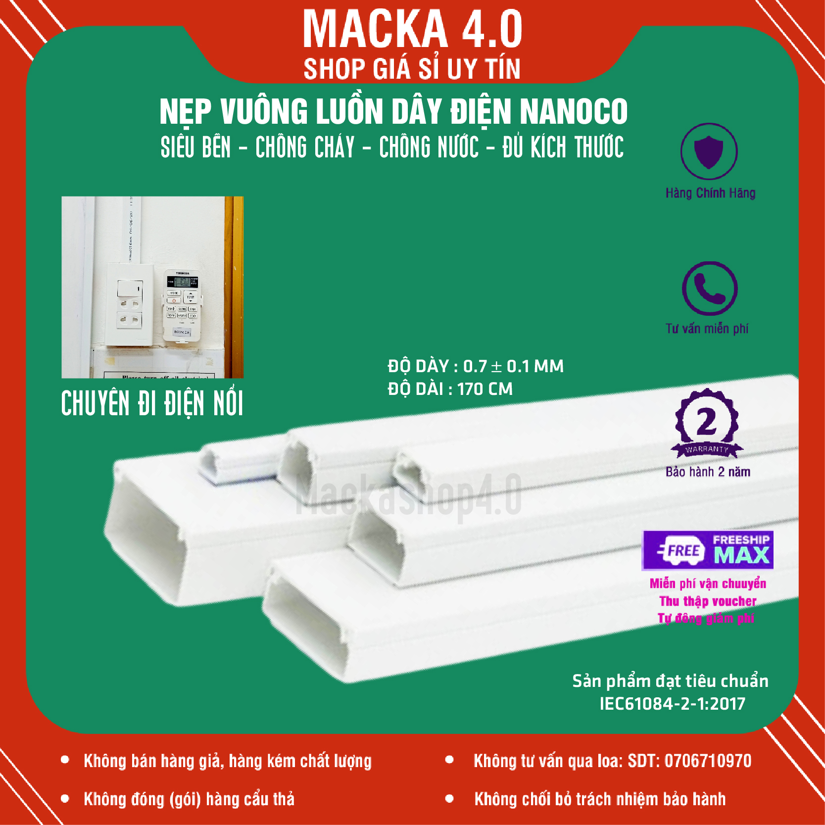 Nẹp vuông luồn dây điện Nanoco dái 1,7m đủ kích thước