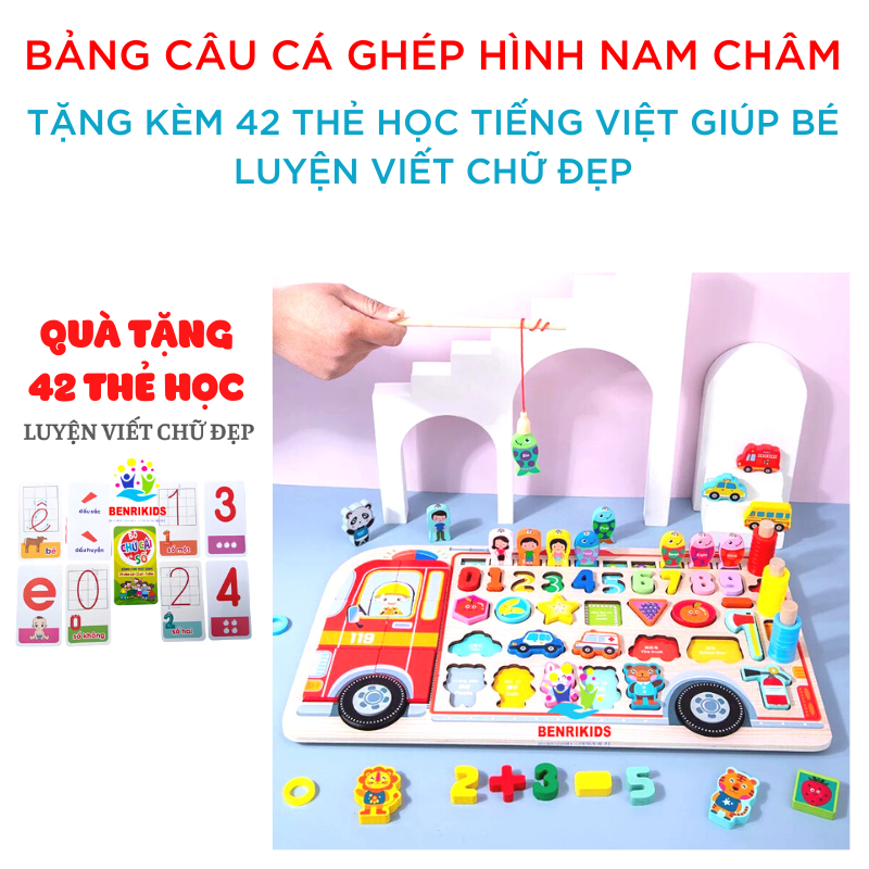 Bundled set 42 card learning letters and numbers, đồ play reverse image reverse number enclosed fishing game wooden magnets for baby from 1 year old, alphabet Vietnamese attached table number for child development thinking