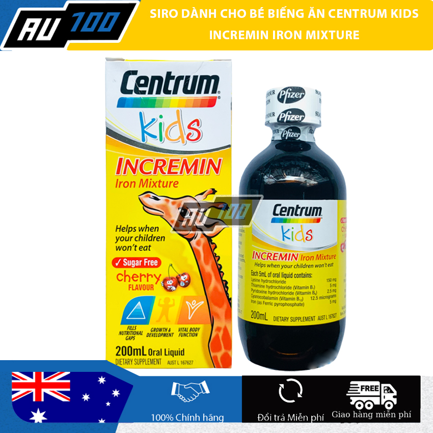 [CHÍNH HÃNG] Siro Centrum Kids 200ml Incremin Iron Mixture - HÀNG ÚC [ Bổ sung lysin, vitamin nhóm B và sắt dành riêng cho bé biếng ăn, kém hấp thu] - AU100
