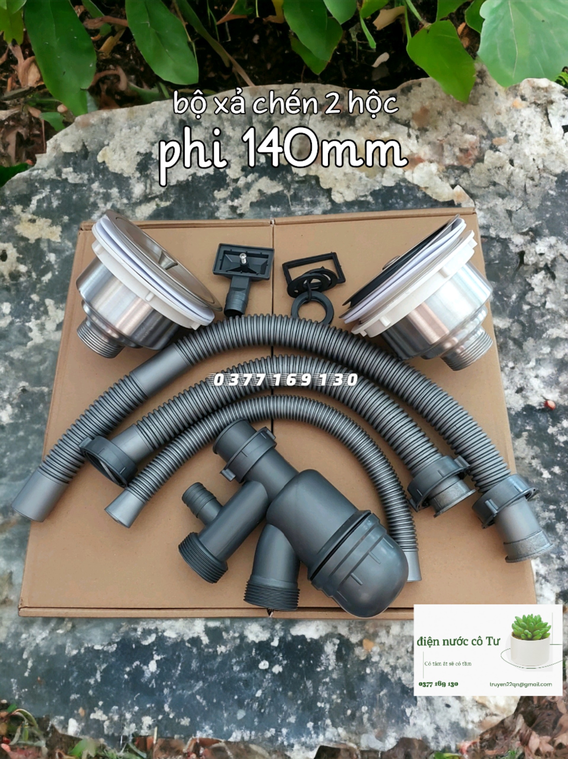 Bộ xả chậu rửa chén đôi 2 hộc phi 110mm, phi 140mm, bộ xả chén INOX cho chậu đá, chậu composite