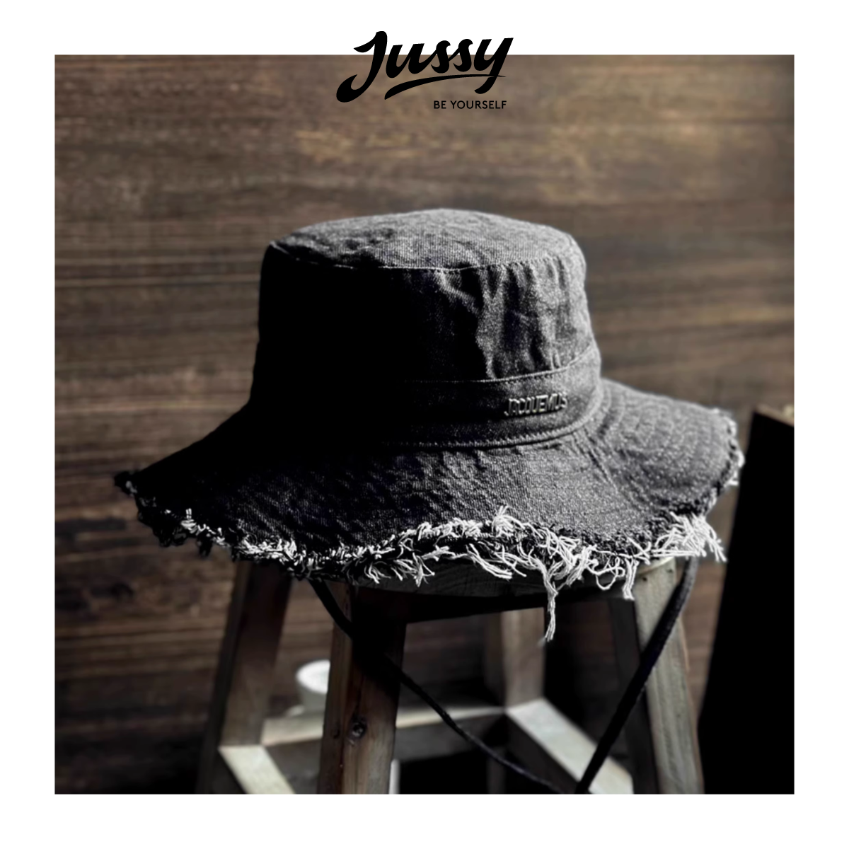 Mũ bucket tua rua jb08 jean denim jussy official bucket mũ jacquemus tai bèo chất liệu jean dày dặn hàng qc chuẩn form