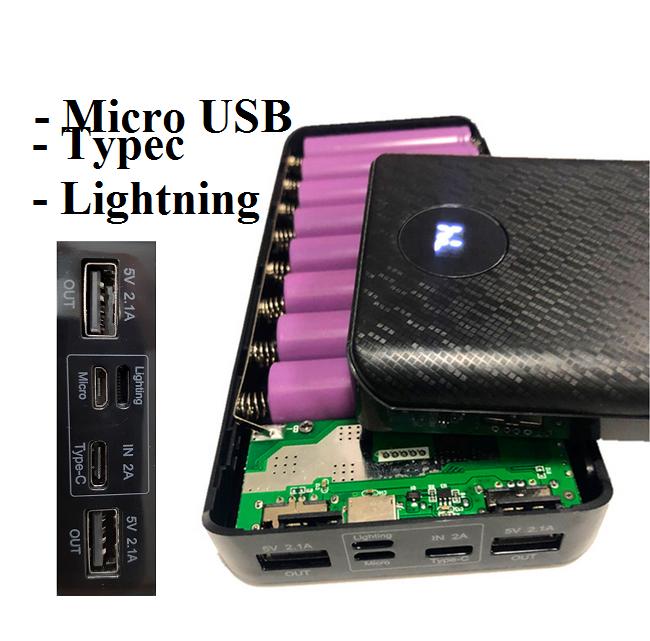 Box sạc dự phòng 8Cell dùng pin sạc 18650 3 đầu vào Lightning/Type C/micro USB mạch sạc dự phòng mạch sạc pin 18650 khung 8 pin sạc dự phòng box sạc nhanh