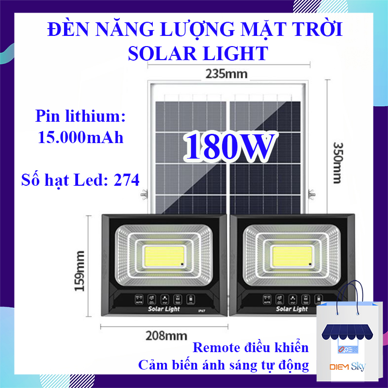 Đèn năng lượng mặt trời Solar light 180W, 2 bóng đèn 274 hạt Led, chống nước chuẩn IP67, pin lithium 15000Mah, đèn năng lượng mặt trời có remote điều khiển BH 1 năm