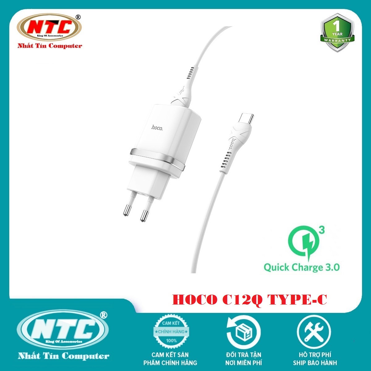 Bộ cốc sạc nhanh và cáp sạc Hoco C12Q cổng Type-C hỗ trợ QC3.0 3A 18W - Hãng phân phối chính thức - Nhất Tín Computer
