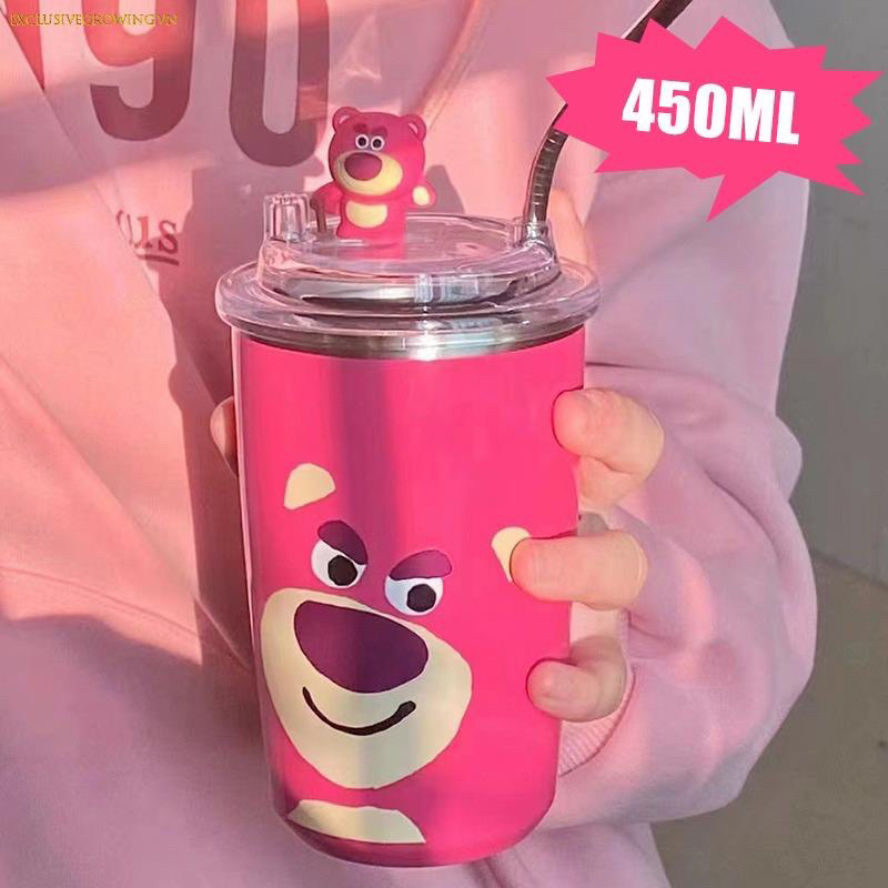 LY CỐC GIỮ NHIỆT HOẠ TIẾT GẤU DÂU LOSTO SIÊU XINH LÕI INOX 304 CHỐNG GỈ 450ML Tặng Ống Hút - Bình Nước Gấu Dâu 450ml