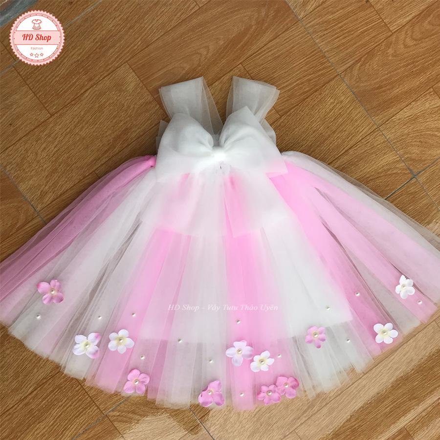 váy tutu hồng phấn phối trắng nơ trắng