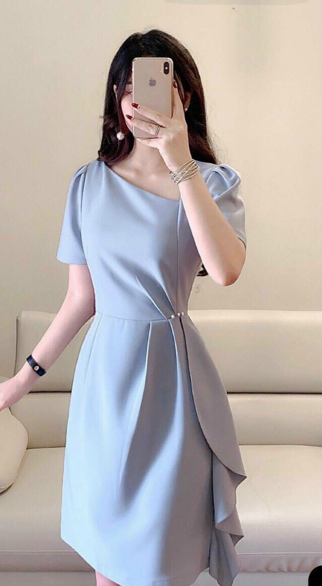 Váy Retro cổ vuông tay áo phồng xuất xứ Quảng Châu mới váy dài mỏng - 3 màu  xanh nhạt, xanh đậm, đen | Shopee Việt Nam