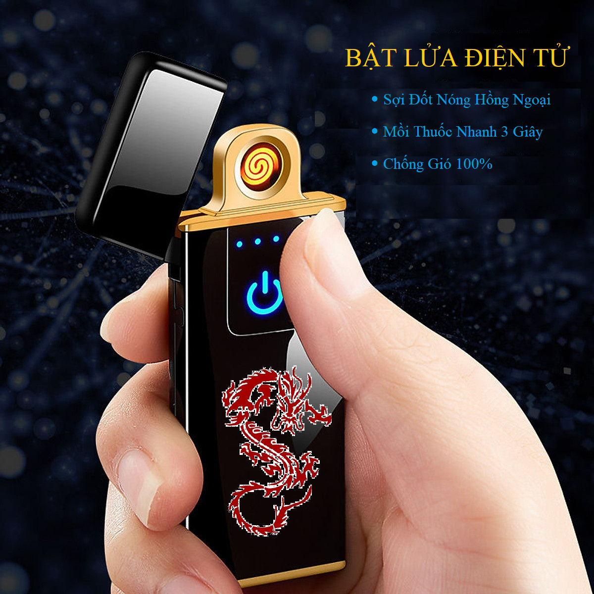 [SẠC ĐIỆN]  Bật Lửa USB Sạc Điện, Bật Lửa Điện Hồng Ngoại Cảm Biến  Vân Tay Thông Minh Hình Rồng Sang Trọng, Siêu Bền, Chống Gió Tốt, Tặng Kèm Hộp [CẢM  ỨNG RỒNG VUÔNG].