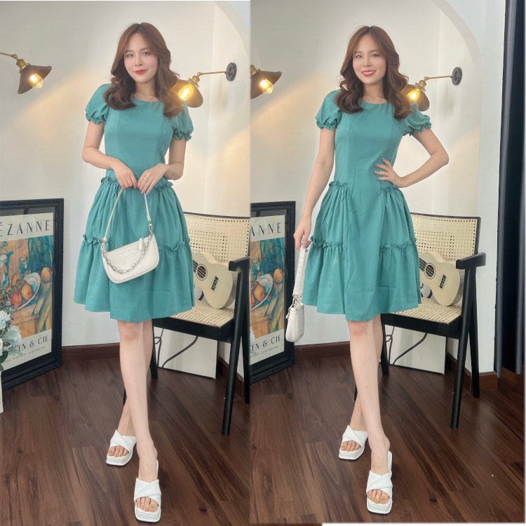 Đầm xòe phối bèo tay phồng bo thun - MS0219 (hình thật shop chụp)