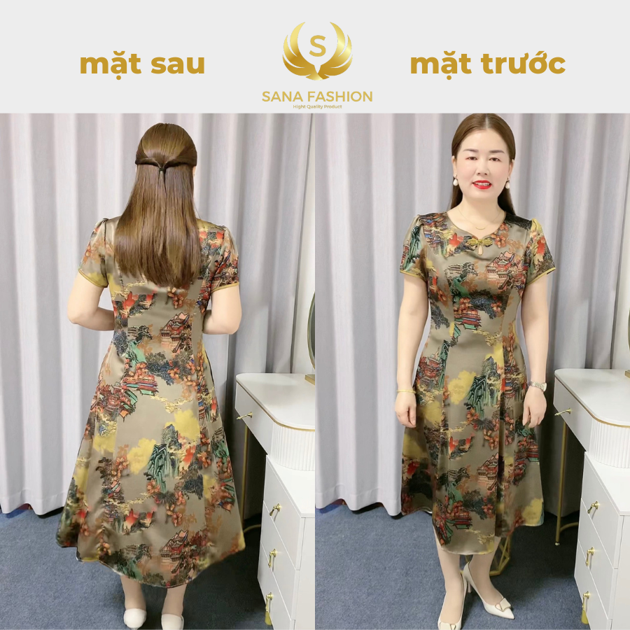 Đầm váy trung niên cho mẹ sang trọng chất lụa Latin