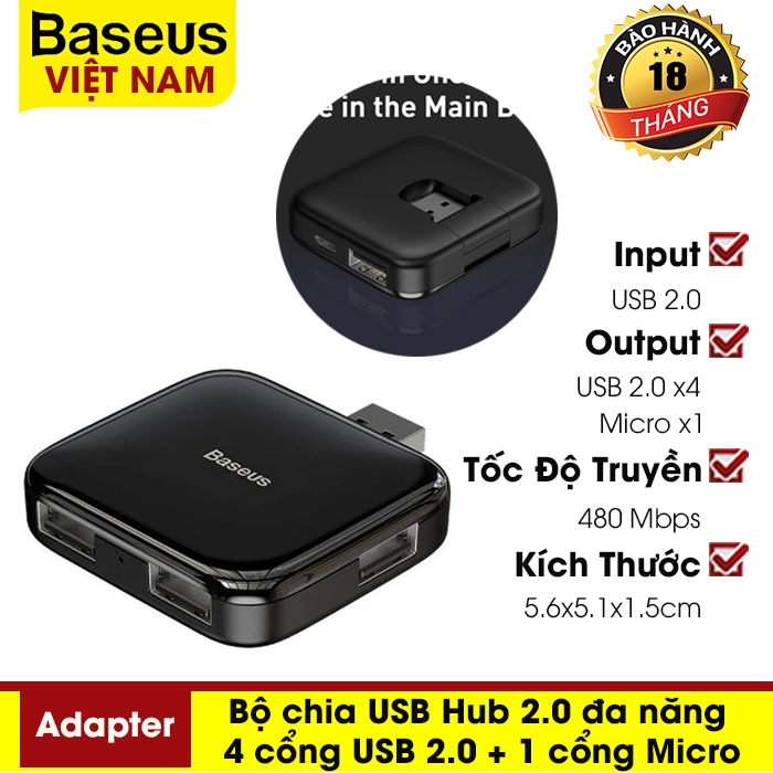 [BẢO HÀNH 12 THÁNG] Bộ chia USB Hub Baseus 2.0 đa năng 4 cổng USB 2.0 + 1 cổng Micro