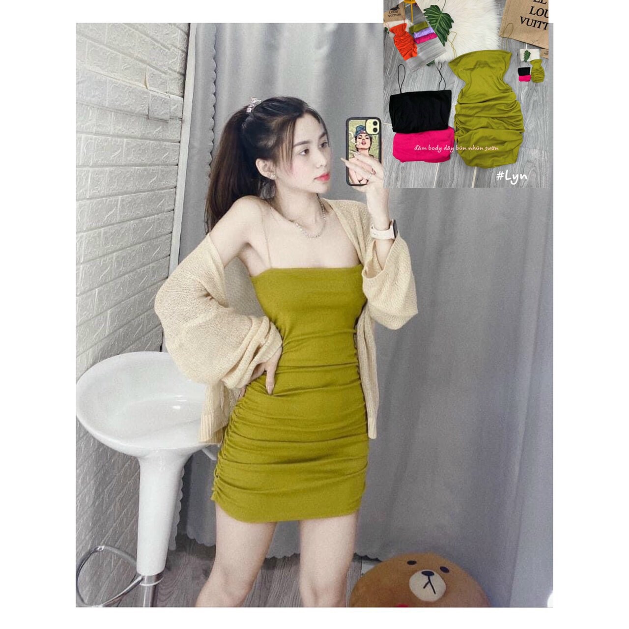 Set Đầm Body Nhún Sườn + Áo Khoác Len