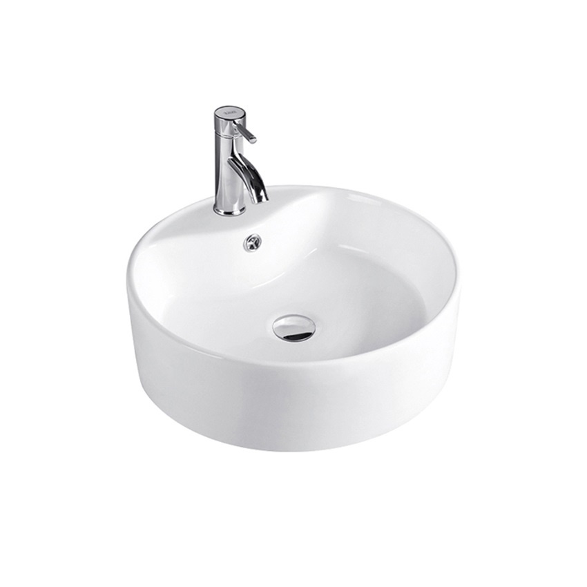 Chậu sứ lavabo tròn để bàn màu trắng hiện đại có lỗ vòi gắn trên