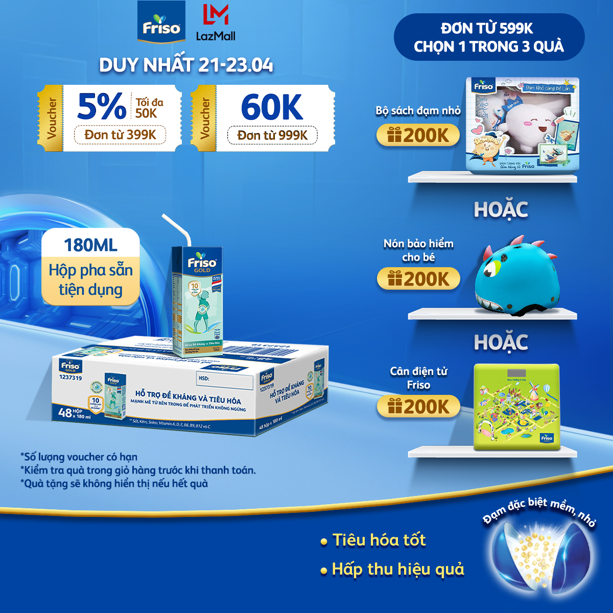 [21- 23/4 VOUCHER ĐẾN 1 TRIỆU] [HSD: 9/2025] Thùng 48 hộp sữa bột pha sẵn Friso Gold Vani 180ml cho bé trên 1 tuổi