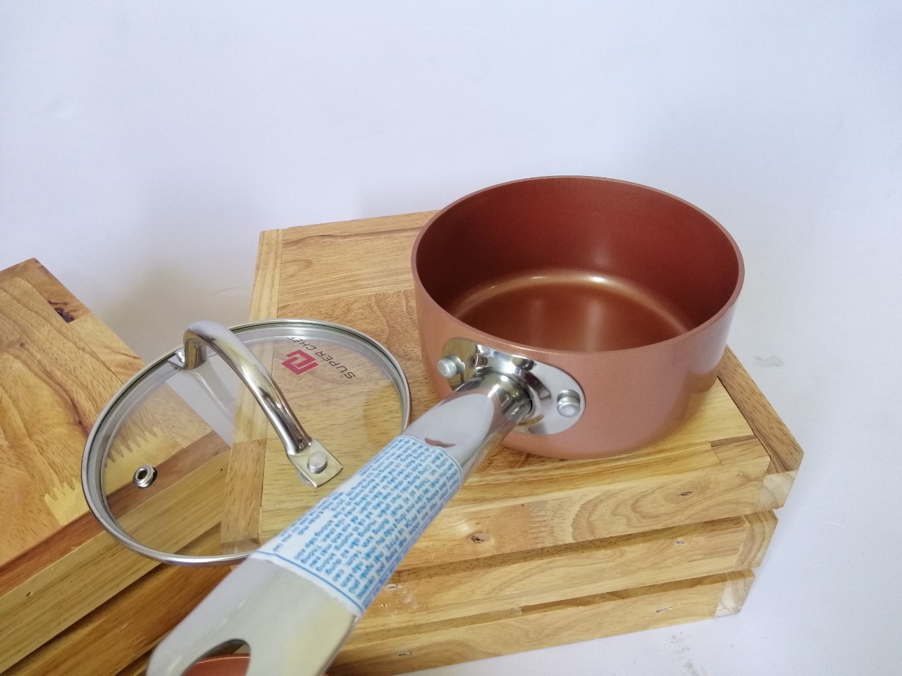 NỒI QUÁNH 14cm Super Chef - tráng men Ceramic nắp kính tay cầm inox