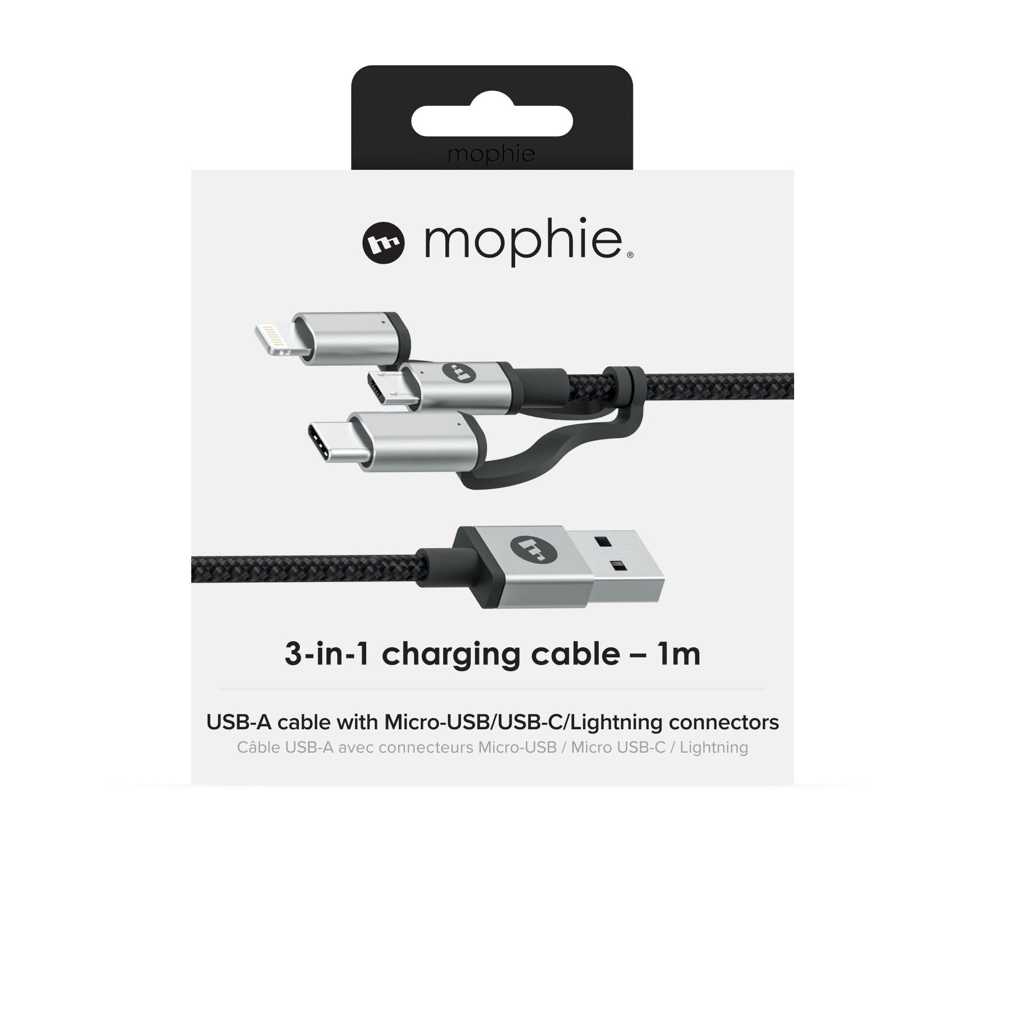 Cáp Tri - Tip Mophie 1m - microUSB, Lightning và USB-C - Đầu Lightning đạt chuẩn MFI