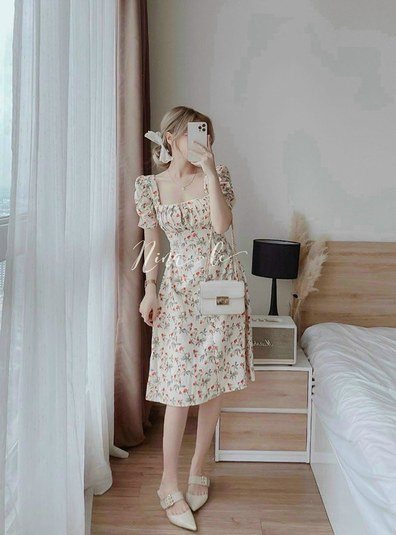 Đầm Lụa Hoa Công Sở Xếp Ly Ngực - Thời Trang Hoa Anh Đào