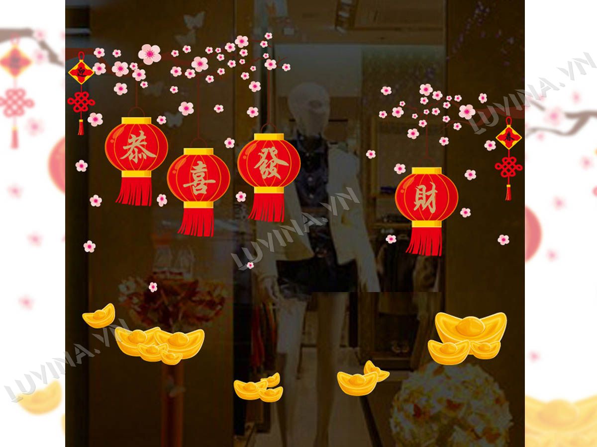 DECAL DÁN TƯỜNG TẾT CÀNH ĐÀO LỒNG ĐÈN ĐỎ 2