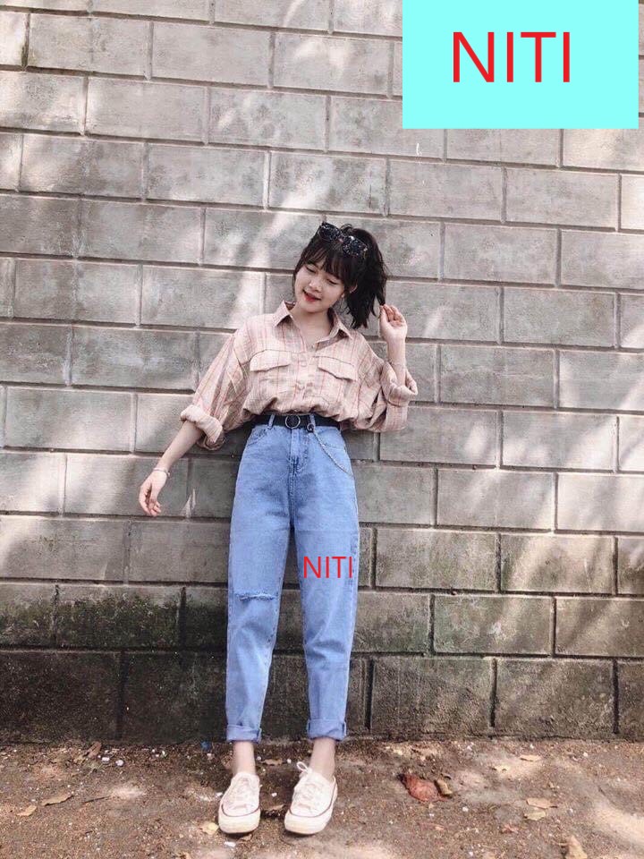 [HCM]QUẦN BAGGY JEAN NỮ CAO CẤP NITI LƯNG SIÊU CAO MÀU XANH NHẠT RÁCH 1 GỐI PHẢI CỰC ĐẸP-NY.M26
