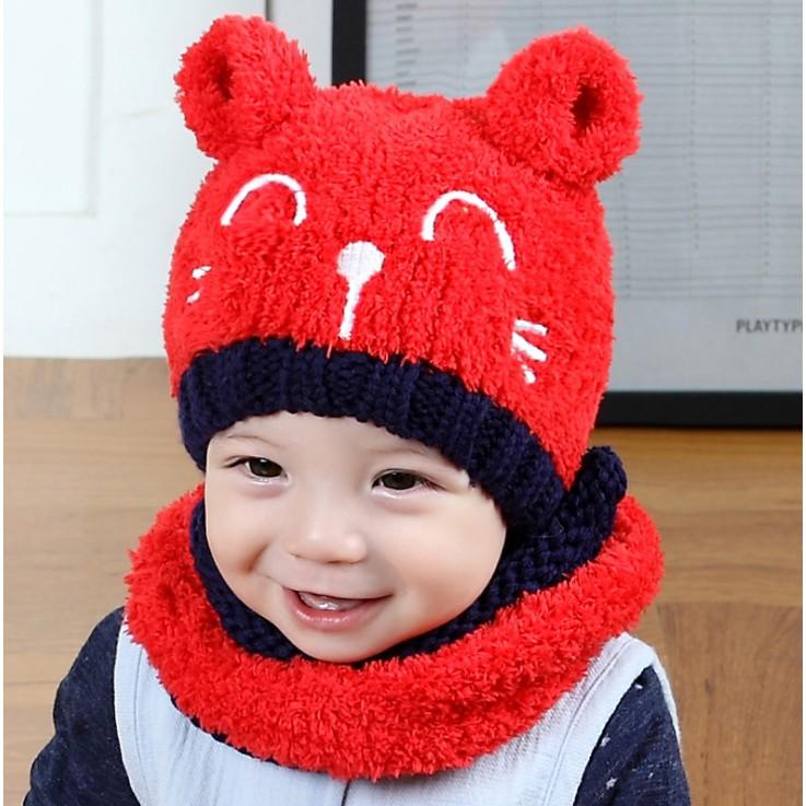 [HCM]Nón Mũ Len Tai Gấu Kèm Khăn Cổ Ấm Cho Bé
