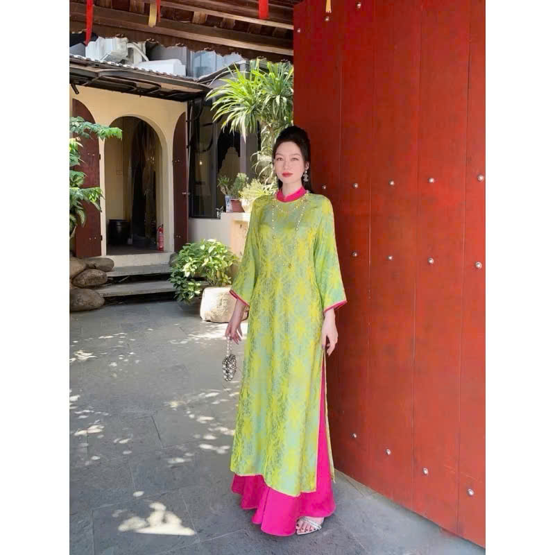 Áo dài cách tân gấm tơ mềm phối màu cổ tay dáng suông