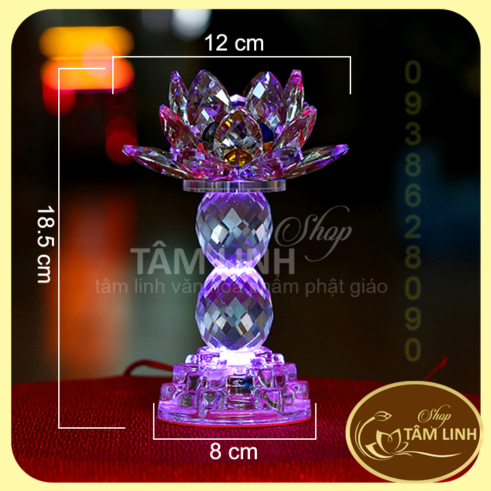 [Ảnh thật] Cặp Đèn Thờ Hoa Sen Pha Lê Cao 18.5 cm đèn LED đổi 7 màu
