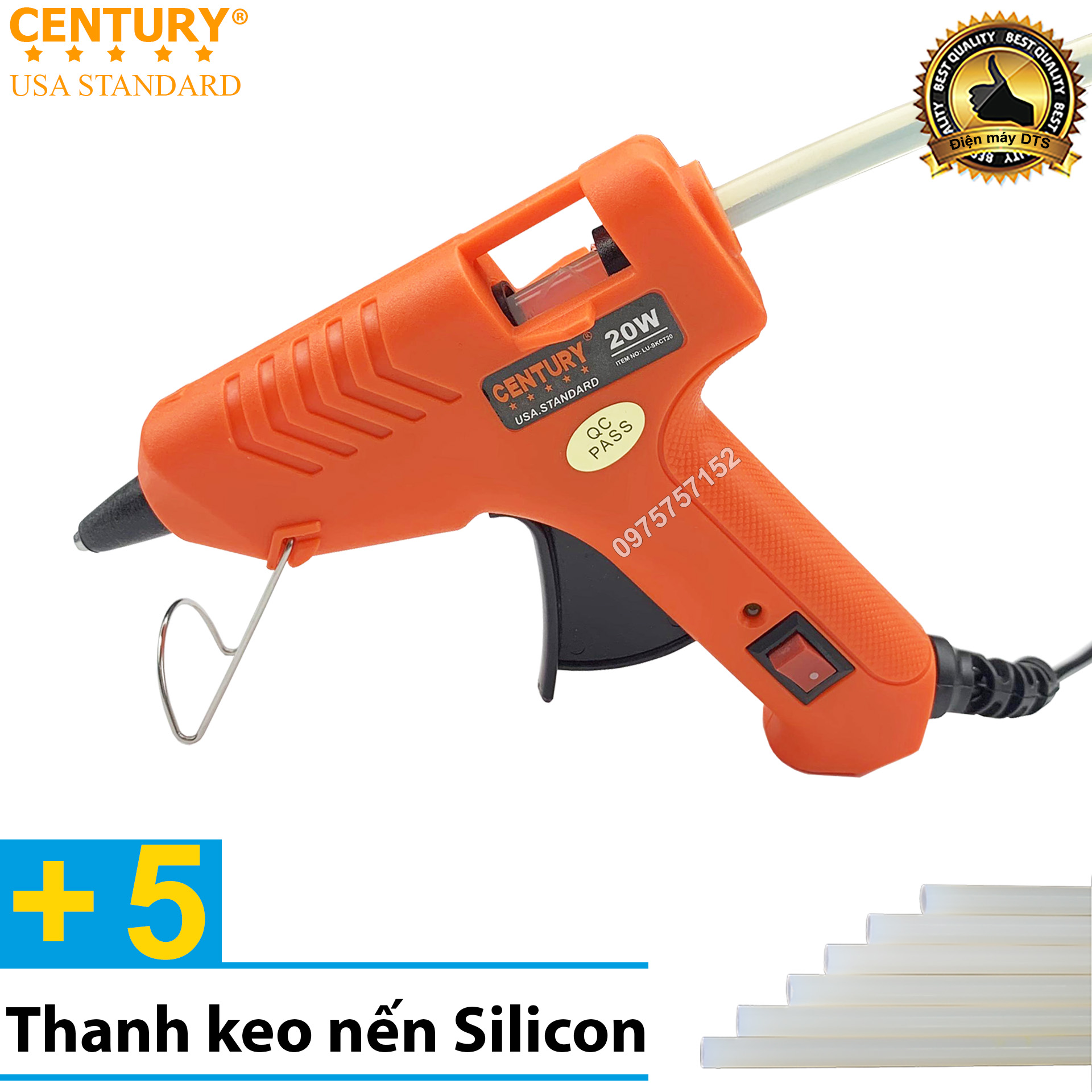 Combo súng bắn keo nến silicon CENTURY USA STANDARD 20W chuẩn Mỹ công nghệ tiên tiến, nóng nhanh, keo ra đều, liên tục, công tắc Tắt/Mở thuận tiện + 5 cây keo silicon (Máy bắn keo silicon)