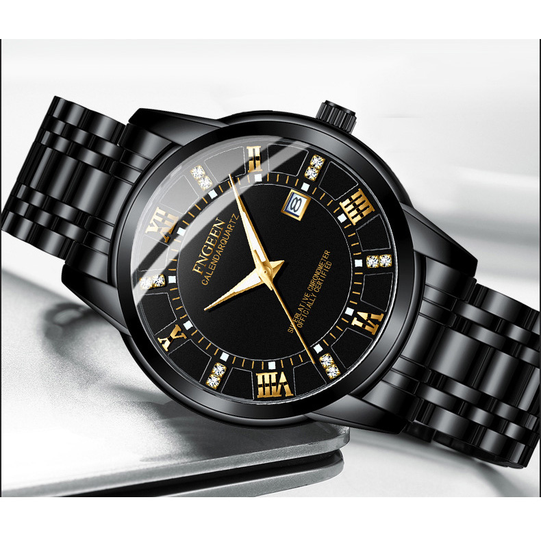 Đồng hồ - Đồng hồ nam FNGEEN FN0128 mặt số đính đá lịch ngày sang trọng dây thép không gỉ cao cấp