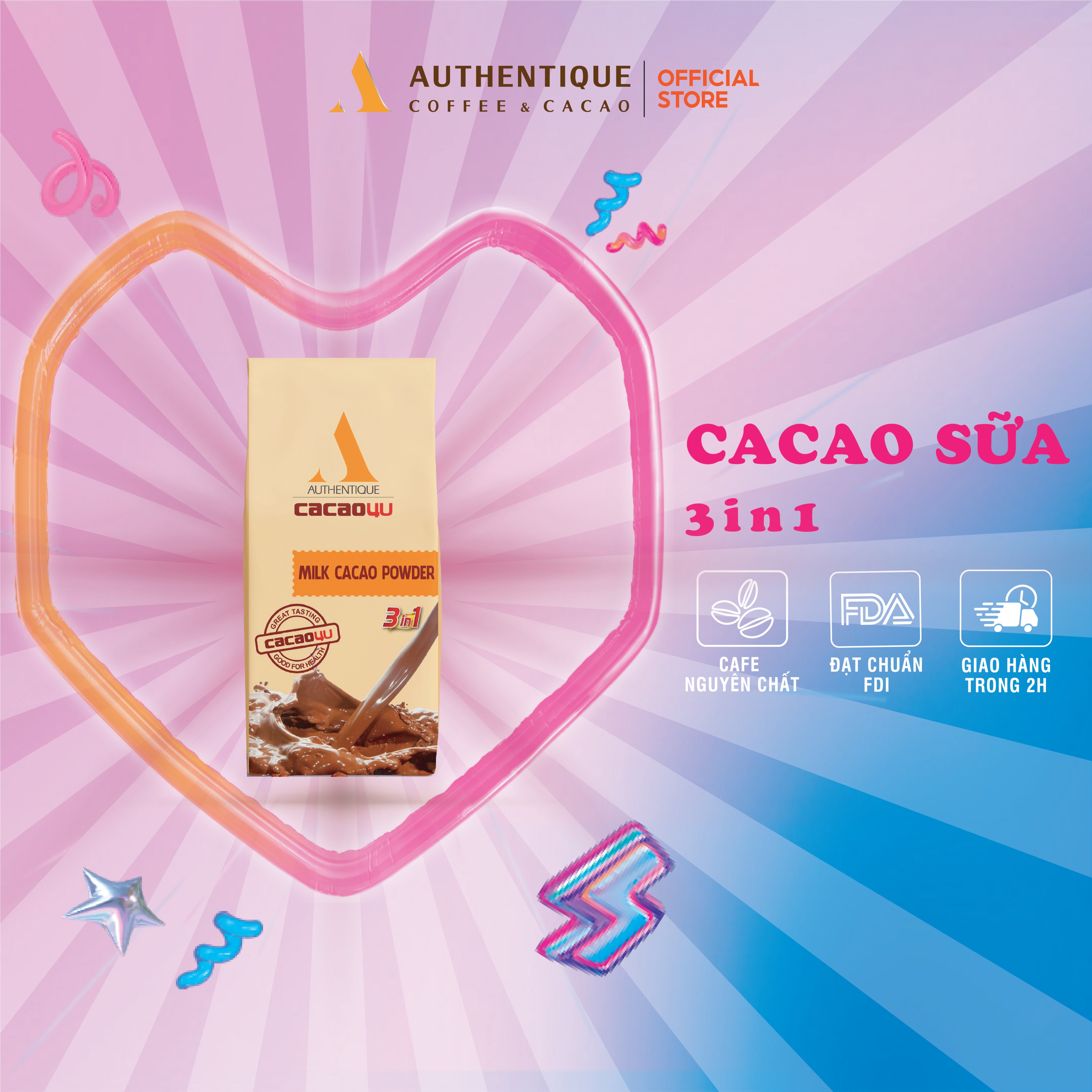 Bột Cacao sữa 3IN1 Authentique - Túi Kraft 220gr