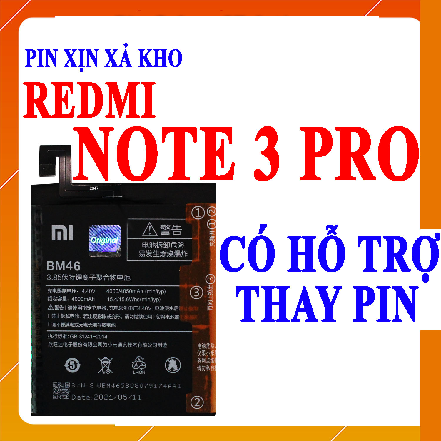 Pin scud cho xiaomi redmi note 3 bm46 dung lượng 4050mah