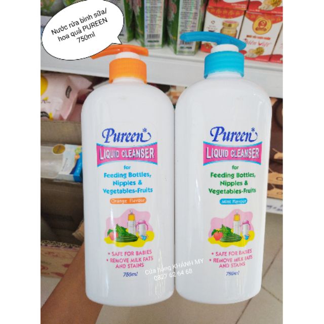Nước rửa bình sữa, núm vú, rau quả Pureen 750ml (Hương Bạc Hà, Cam)