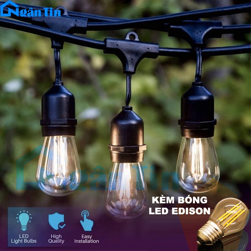 Bộ dây đuôi đèn ngoài trời chống nước 10 met 20 đuôi mắc nối tiếp E27 220V Ngân Tin (kèm 20 bóng led edison 4w ánh sáng vàng)