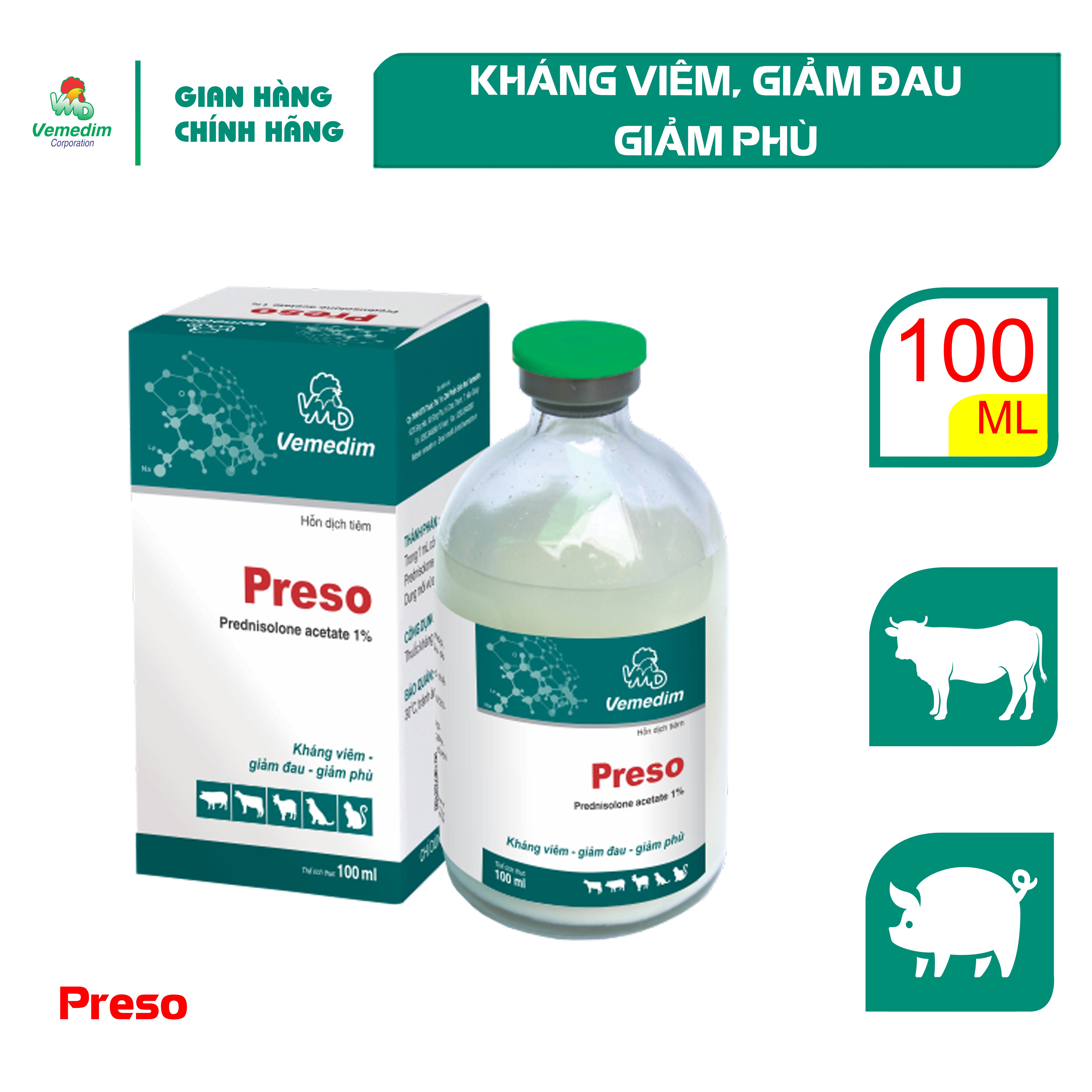"Hoàn tiền đến 10%" Vemedim Preso kháng viêm, giảm đau cho chó, mèo và gia súc, chai 100ml