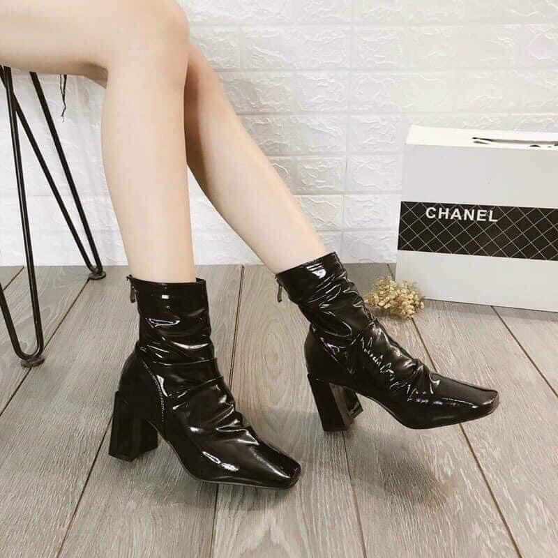 Bốt Da Bóng Gót Vuông Có Lót Lông Kèm Ảnh Thật