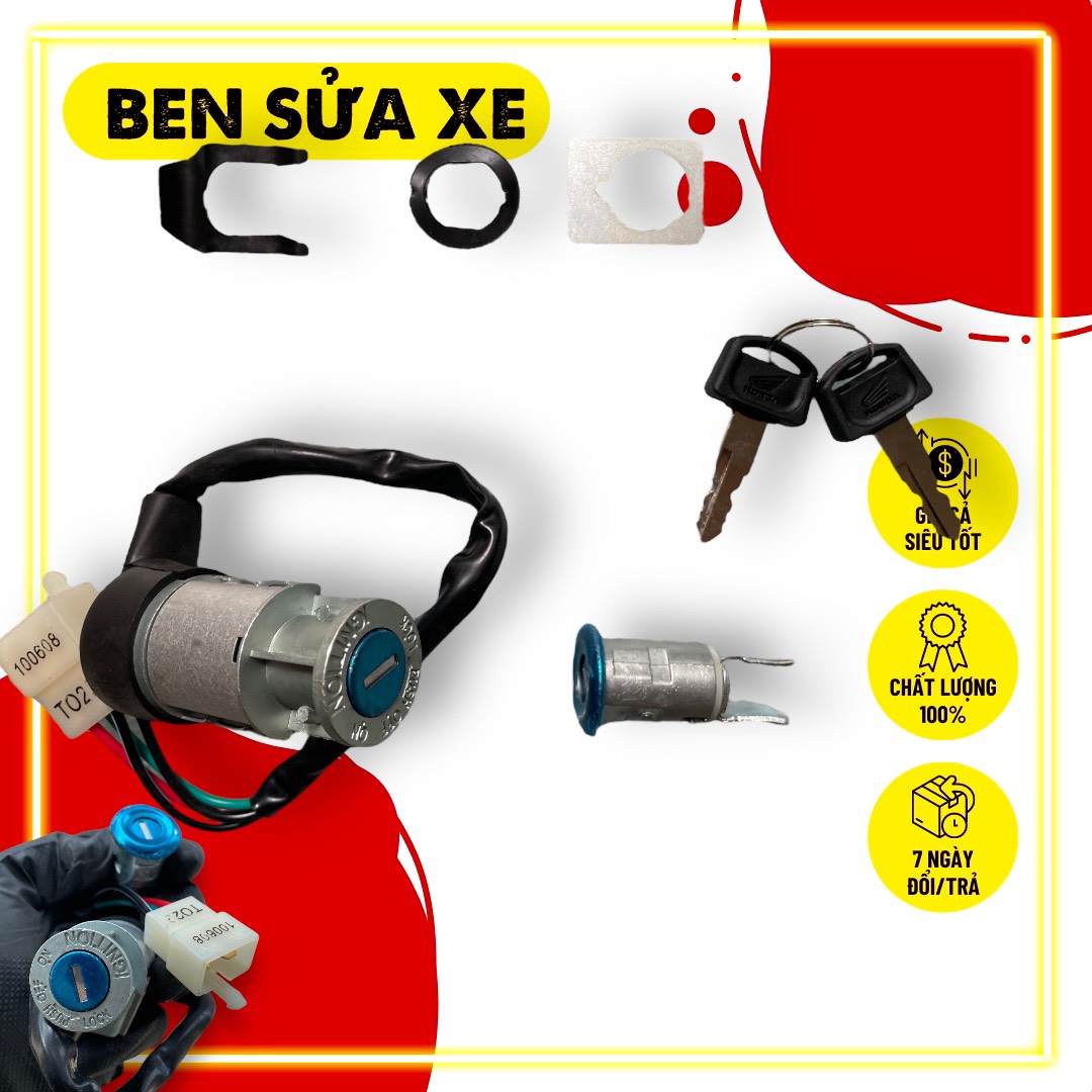 Bộ ổ khóa điện xe máy Dream trước sau chìa 2 cạnh