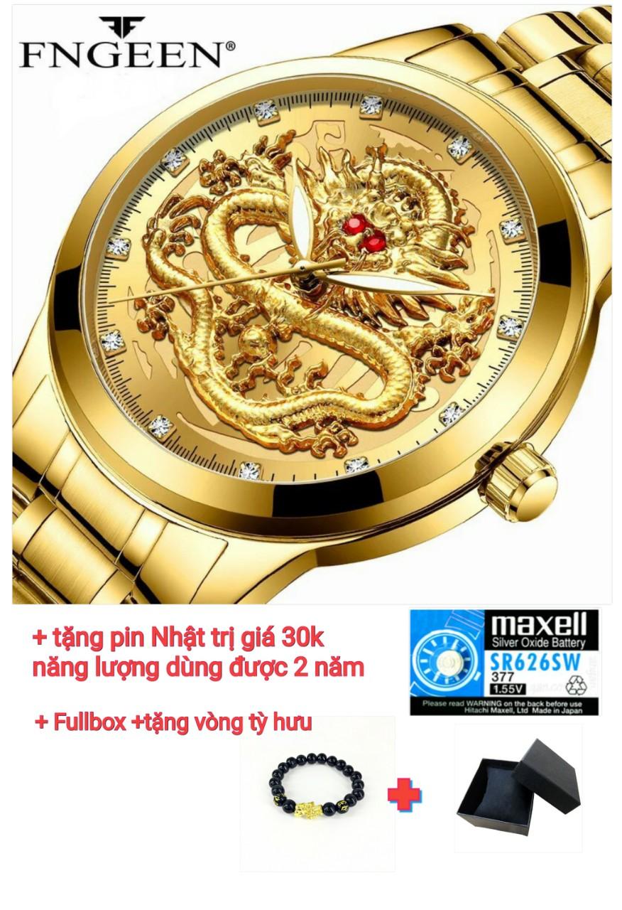 SIÊU PHẨM ĐỒNG HỒ NAM HÌNH RỒNG VÀNG MẮT ĐỎ 3D Fullbox  tặng vòng tỳ hưu+ pin Nhật trị giá 30k dung lượng 2 năm