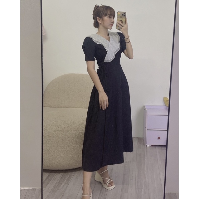 Đầm midi cổ voan bèo đắp chéo ( Có Bigsize )
