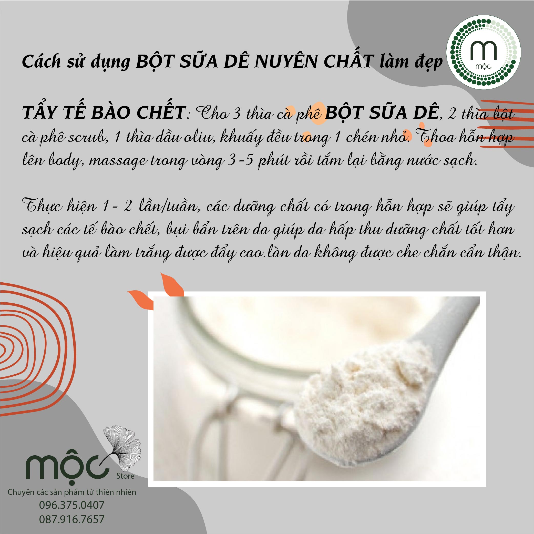 Bột sữa dê nguyên chất đắp mặt nạ MỘC - dưỡng ẩm, trắng da, giúp da mịn màng, chống lão hóa túi dùng thử 10g, chai 100ml và 200ml handmade