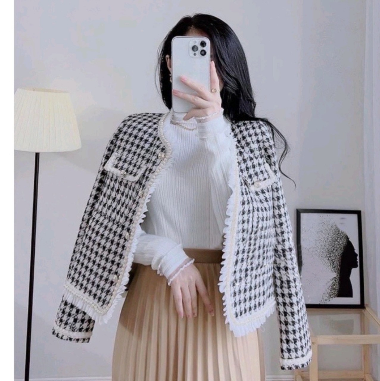 Aó dạ tweed nữ 2 lơp xinh phối viền ngoc trai