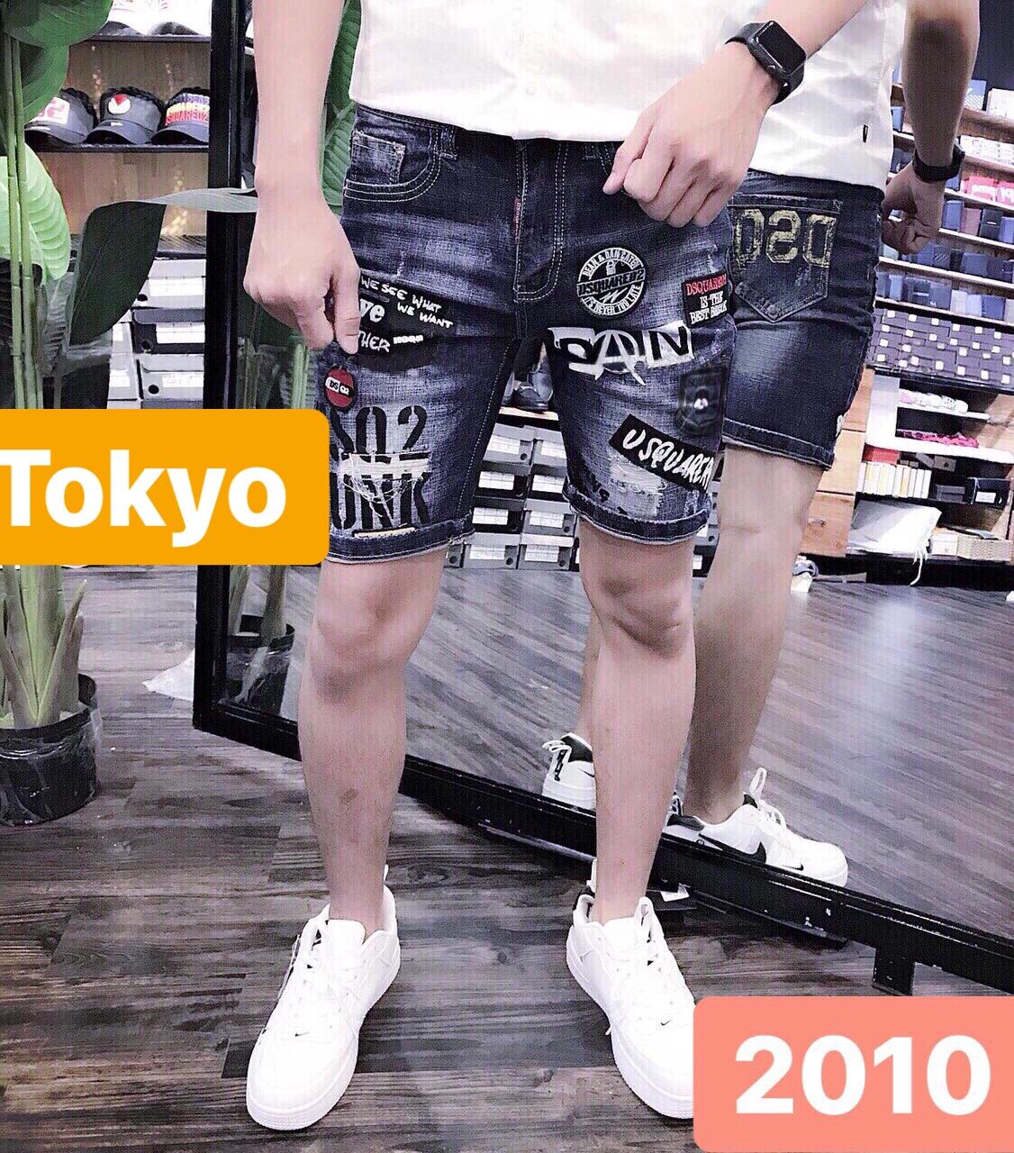 QUẦN SỌT SHORT LỬNG JEAN NAM CHẤT BÒ XANH ĐEN THÊU CHỮ NINJA SAMURA TK-2010 TOKYO FASHION