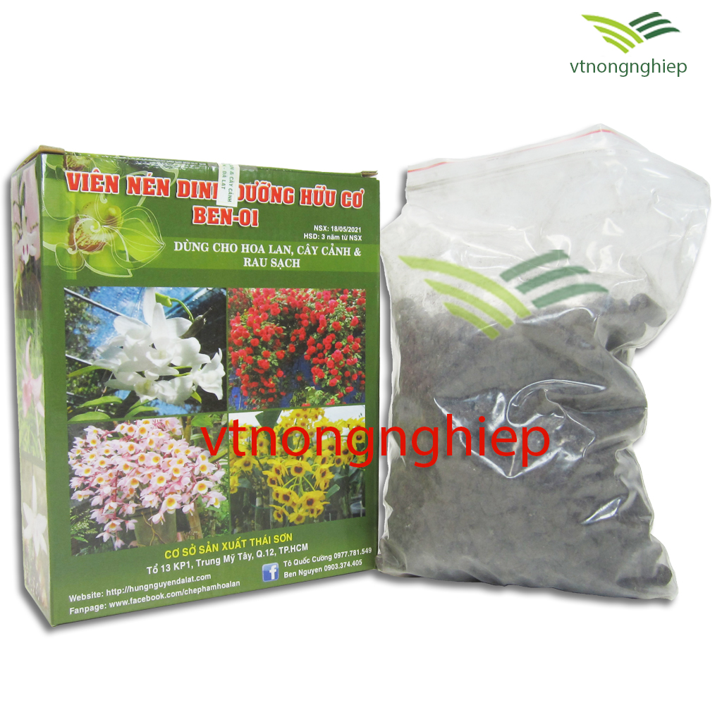 Viên nén dinh dưỡng hữu cơ Hùng Nguyễn BEN01, hộp 1Kg, loại hạt lớn, phân tan chậm, không mùi hôi, cải thiện độ xốp và dinh dưỡng cho giá trể trồng Hoa Lan, rau màu.