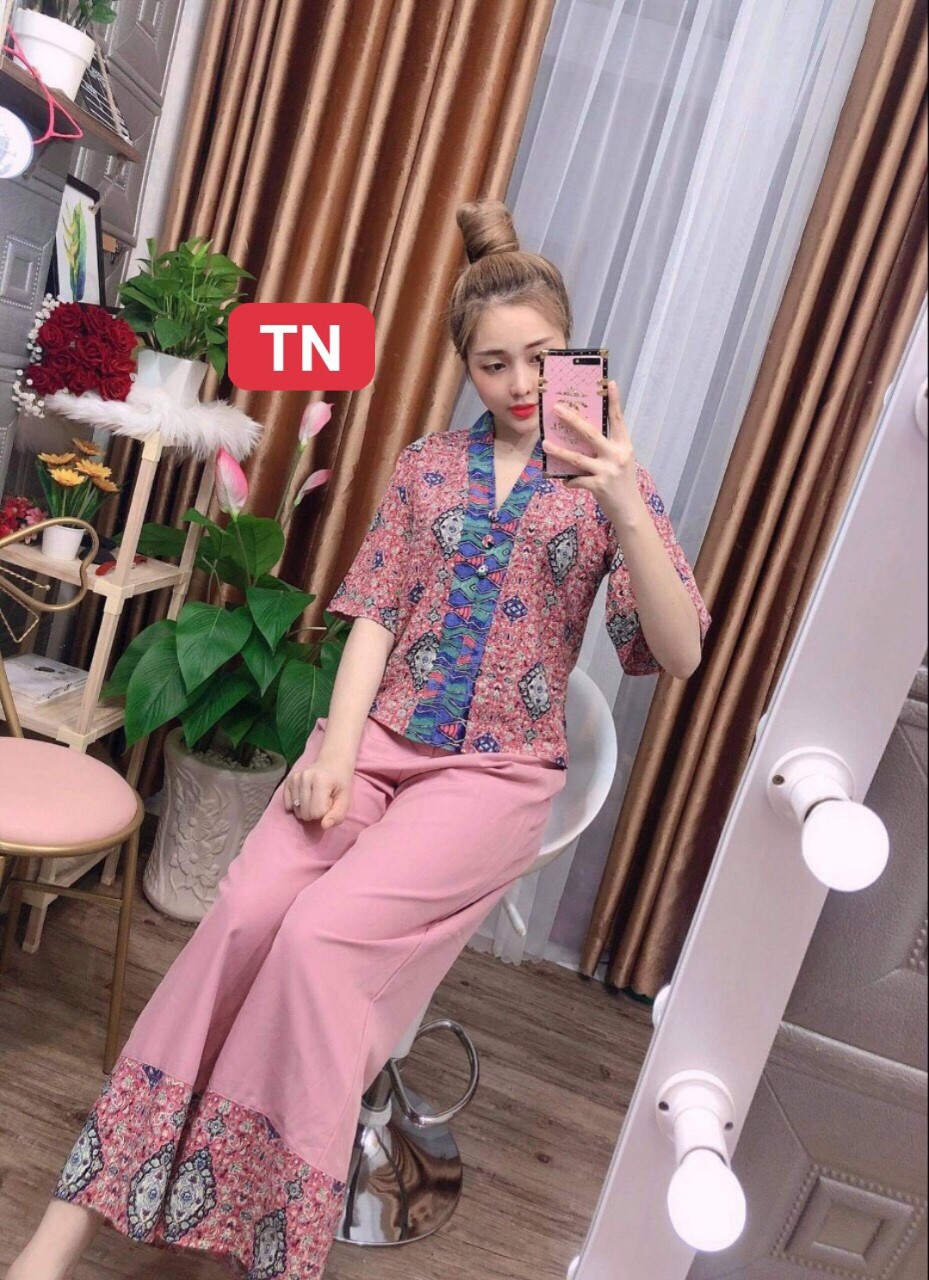 Sét bộ lam lụa thổ cẩm tay dài ống suông HL08
