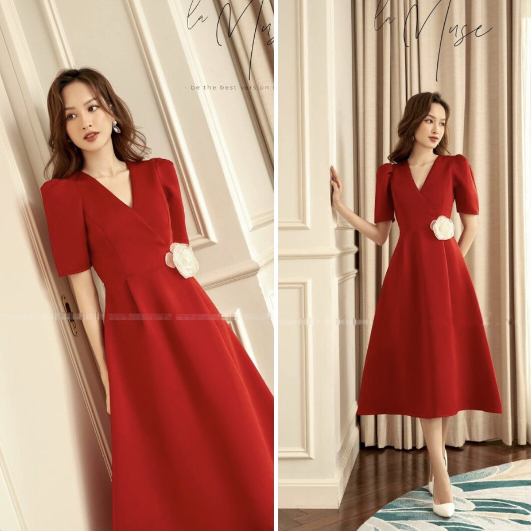 Đầm xòe đỏ đắp chéo cài hoa misa fashion sang trọng, nữ tính, giá rẻ - ms204