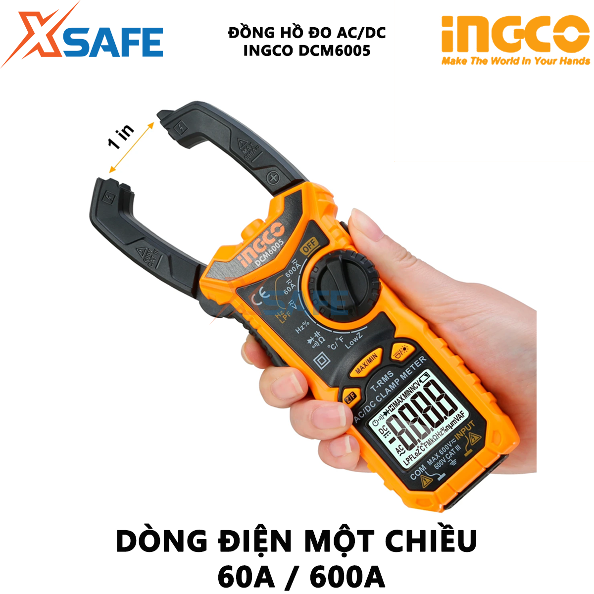 Đồng hồ kẹp AC/DC INGCO DCM6005 | Ampe kìm AC/DC 6000 số đếm / Giữ dữ liệu Dòng điện một chiều 60A / 600A ± (2,5% + 5) Hiệu suất 1% ~ 99% ± (1.0% + 2) sử dụng để đo dòng điện, điện áp hoặc điện trở