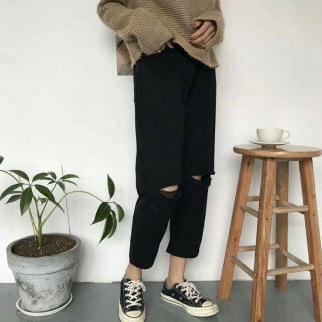 Baggy trơn basic lưng thun rách gối