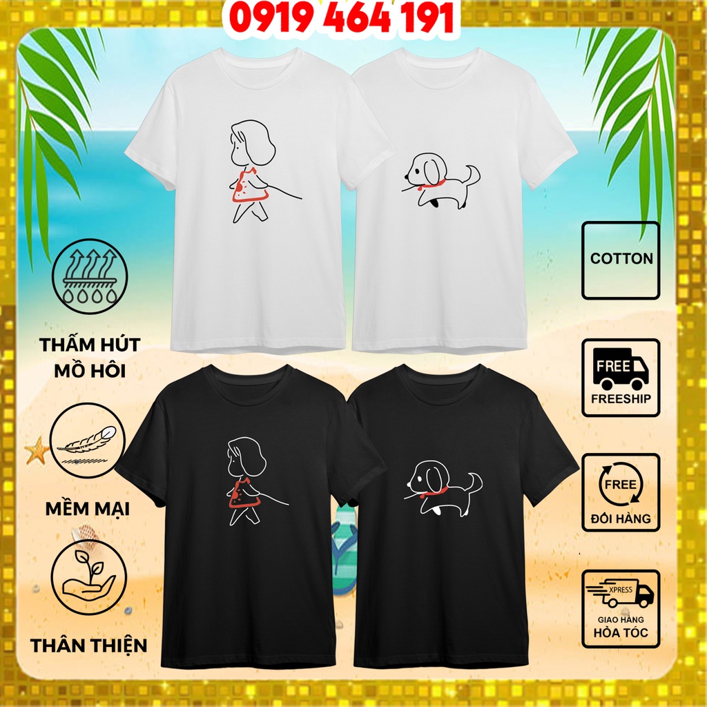 Áo thun đôi dắt chó AB12, áo thun đôi cô gái dắt chó cute, vải cotton dày, mịn mát