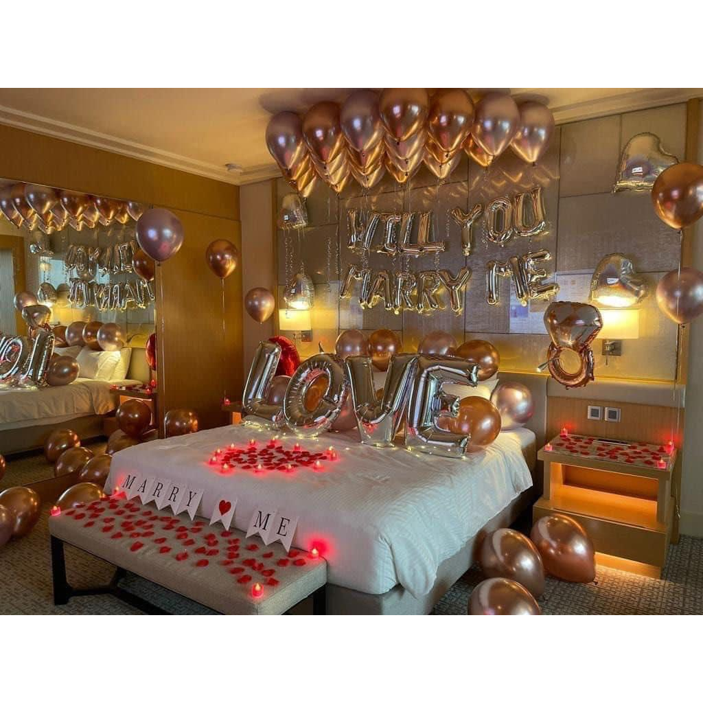 Set bóng bay trang trí cầu hôn tông rose gold ms900 đủ phụ kiện - marry me tặng cánh hoa, đèn